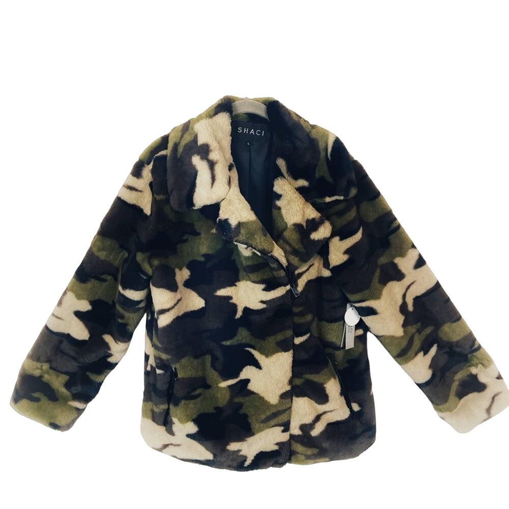 Shaci Camouflage Coat Teddy Bear Neiman Marcus sz L NWT Faux Fur Cozy Gift Comfy